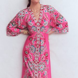 Nell Kimono Midi Jersey Dress-Pink, Blossom Elegance
