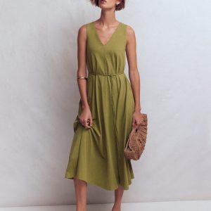 Mia V-neck Jersey Midi Dress-Olive