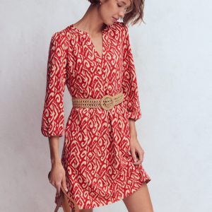 Cathy Notch Neck Jersey Dress-Merida Red, Ikat