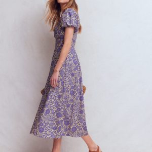 Twist Front Linen Blend Dress-Han Purple, Flowered Bloom