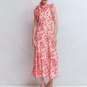 Ruffle Silk Midi Dress-Pink Bloom Scatter Mono