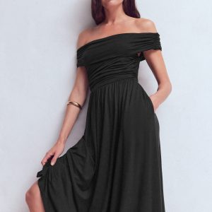 Ruched Bardot Jersey Dress-Black