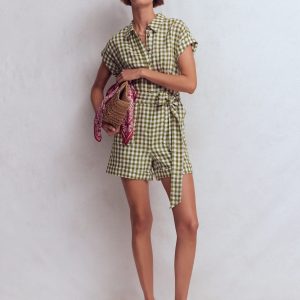 Kay Linen Playsuit-Olive, Ivory Gingham