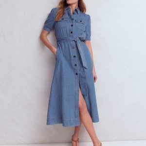 Puff Sleeve Denim Shirt Dress-Mid Vintage
