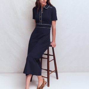 Etta Piping Trim Ponte Dress-Navy