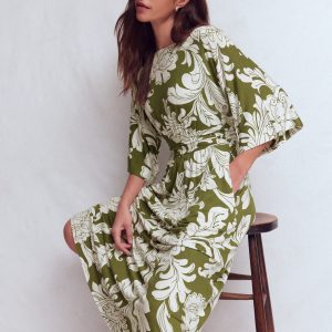 Imelda Kimono Jersey Dress-Olive, Botanical Flourish Mono