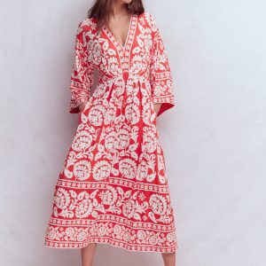 Nell Kimono Midi Jersey Dress-Bright Cherry, Ornate Floret