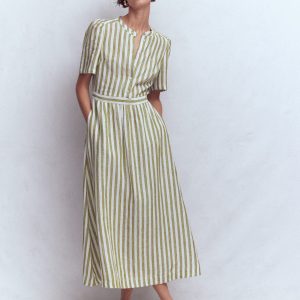 Ivy Linen Midi Dress-Olive, Ivory Stripe