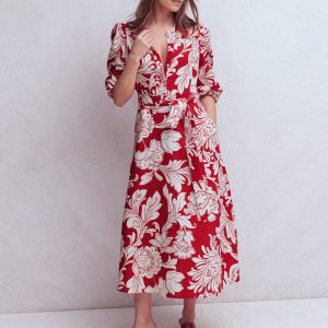 Ava Linen Blend Midi Dress-Salsa, Botanical Flourish