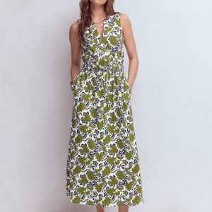 Delphine Midi Sleeveless Dress-Olive, Shadow Blossom