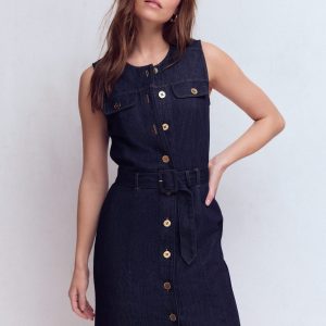 Short Gold Button Denim Dress-Indigo