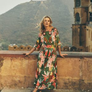 Imelda Kimono Jersey Dress-Olive, Tropical Safari