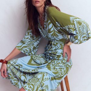 Nell Kimono Midi Jersey Dress-Olive, Ornamental Garden