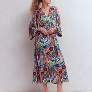 Nell Kimono Midi Jersey Dress-Multi, Enchanted Paisley