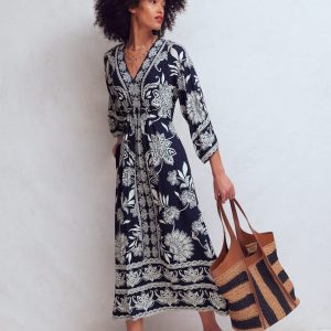 Nell Kimono Midi Jersey Dress-Navy, Elegant Blossom