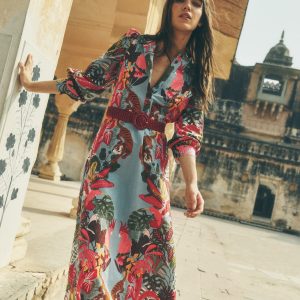 Ava Linen Blend Midi Dress-Blue Tropical Safari Placement