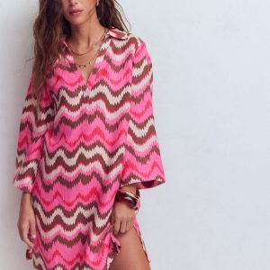Carmen Linen Short Dress-Pink, Zig Zag Wave