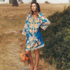 Carmen Linen Short Dress-Blue Blossom Elegance