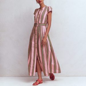 Arabella Linen Blend Dress-Pink, Rich Emerald Stripe