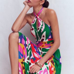 Sydney Twist Neck Jersey Dress-Multi, Leafy Cascade