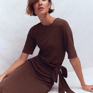 Zinnia Tie Ponte Midi Dress-Espresso