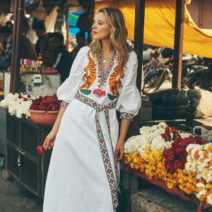Octavia Linen Blend Dress-Tiger Embroidery