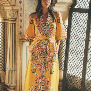 Octavia Linen Blend Dress-Yellow Blossom Elegance
