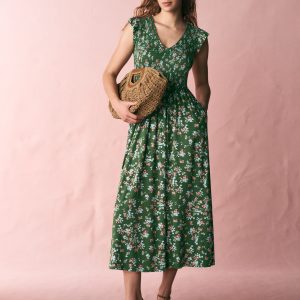 Smocked Jersey Midi Dress-Promenade Green, Bloom Scatter
