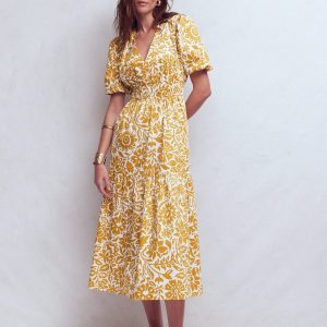Irene Puff Sleeve Cotton Dress-Gold Wheat, Meadow Scatter